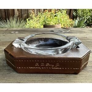 Vintage Ashtray MCM Glass exposed stitching Leather Monogrammed